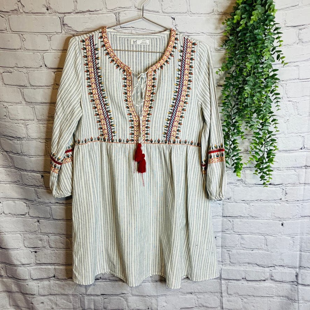 Zara TRF Dress M Embroidered Linen Tassel Stripe Boho Peasant Tunic Romanic
